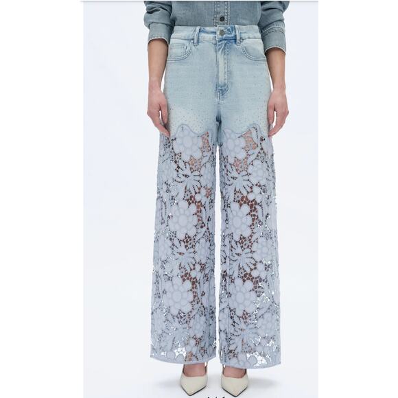 Bayeas High Waist Crystal Embellished Lace Wide Leg Jeans 26 Lesley Blue Boho - Picture 8 of 11